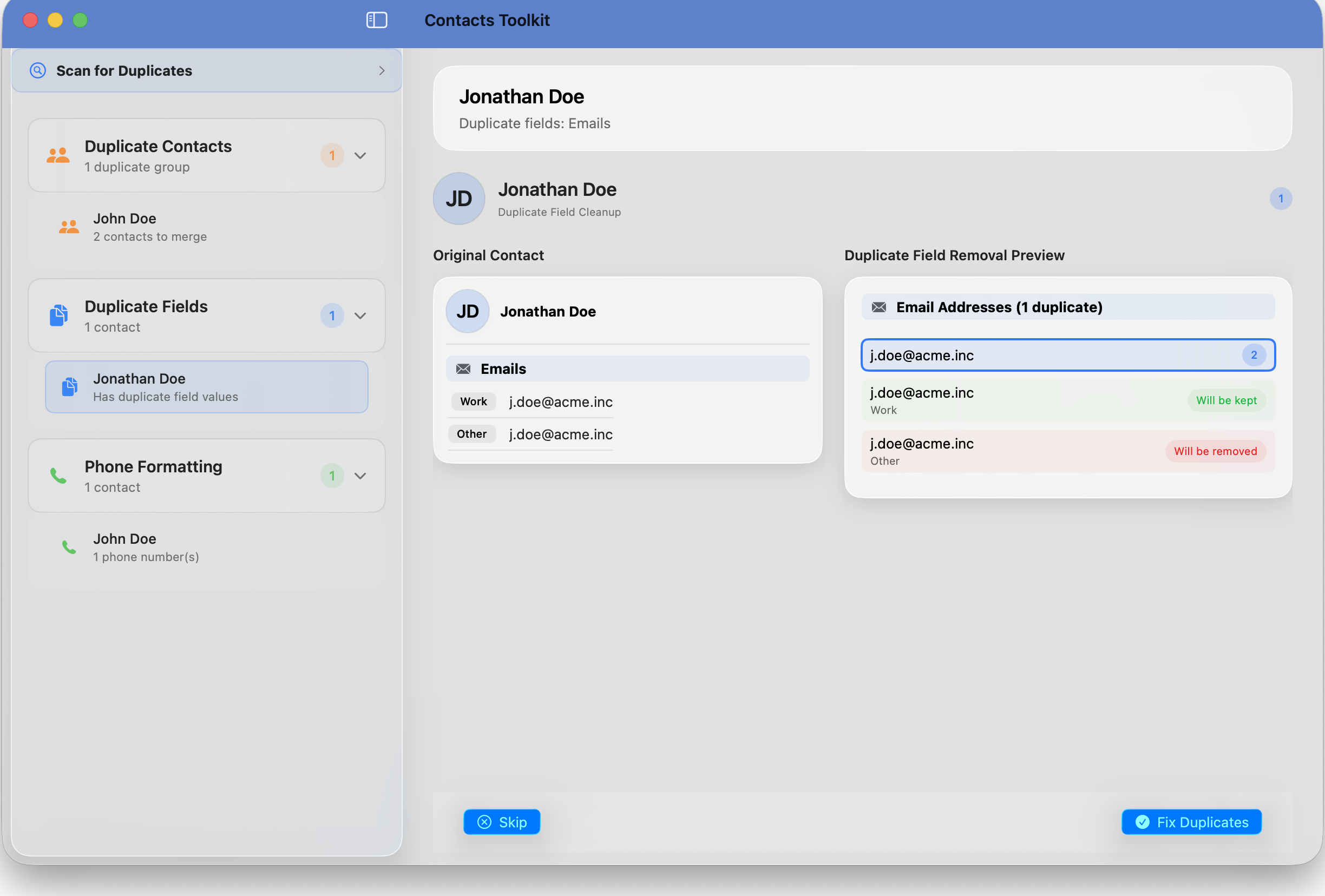 Duplicate field removal showing email cleanup with keep and remove options
